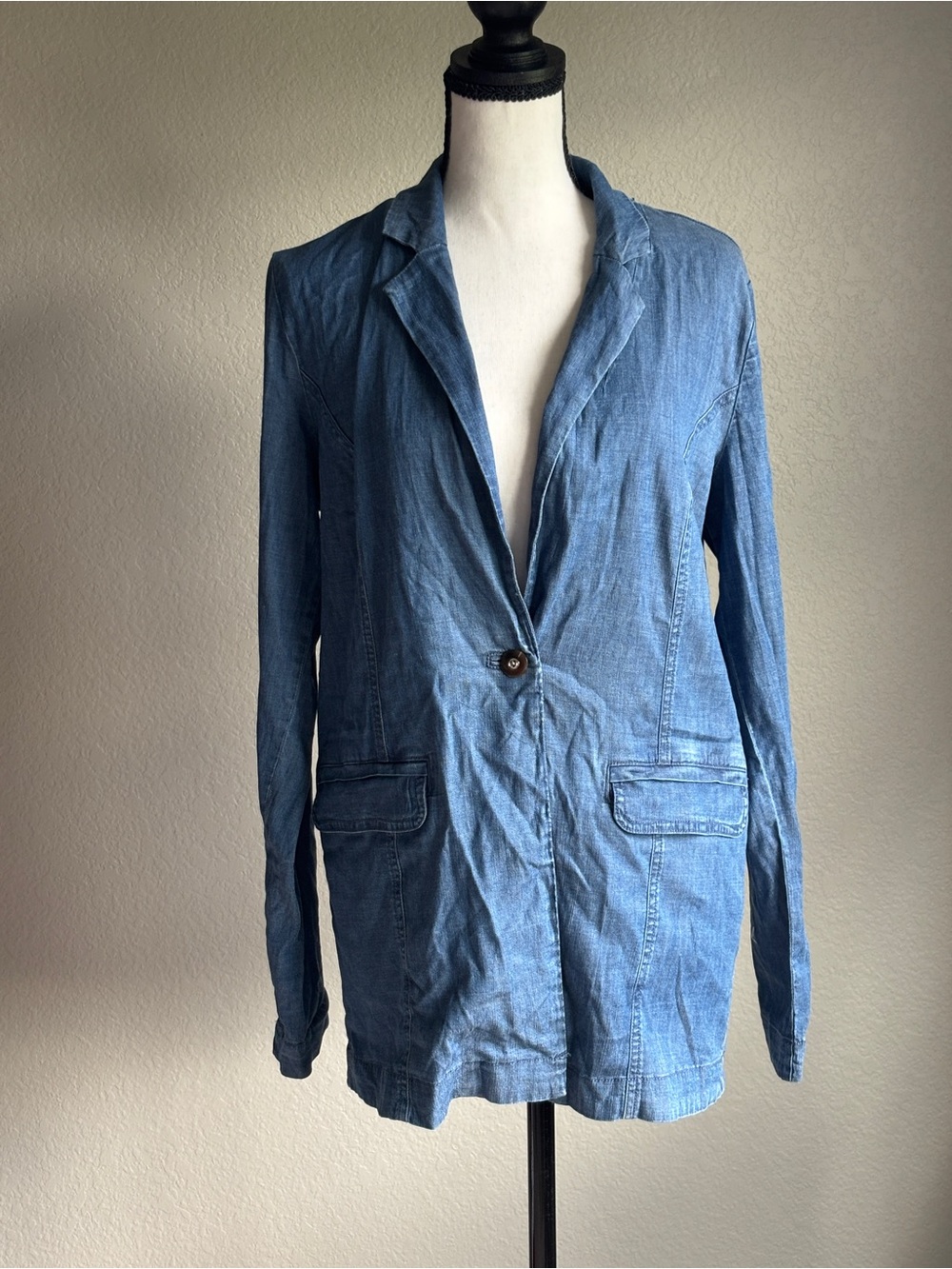 AnyBody Light Blue Denim Blazer Jacket one button womens XS